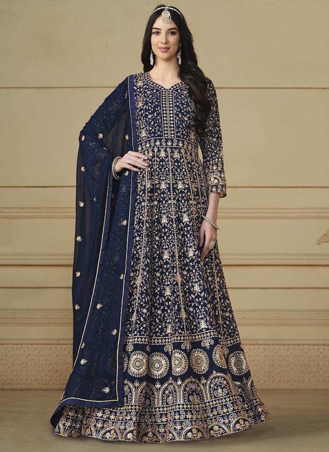 Faux Georgette Navy Blue Wedding Wear Embroidery Work Anarkali Suit